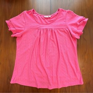 Kim Rogers Pink Eyelet Knit Top XL – Short Sleeve Scoop Neck Blouse